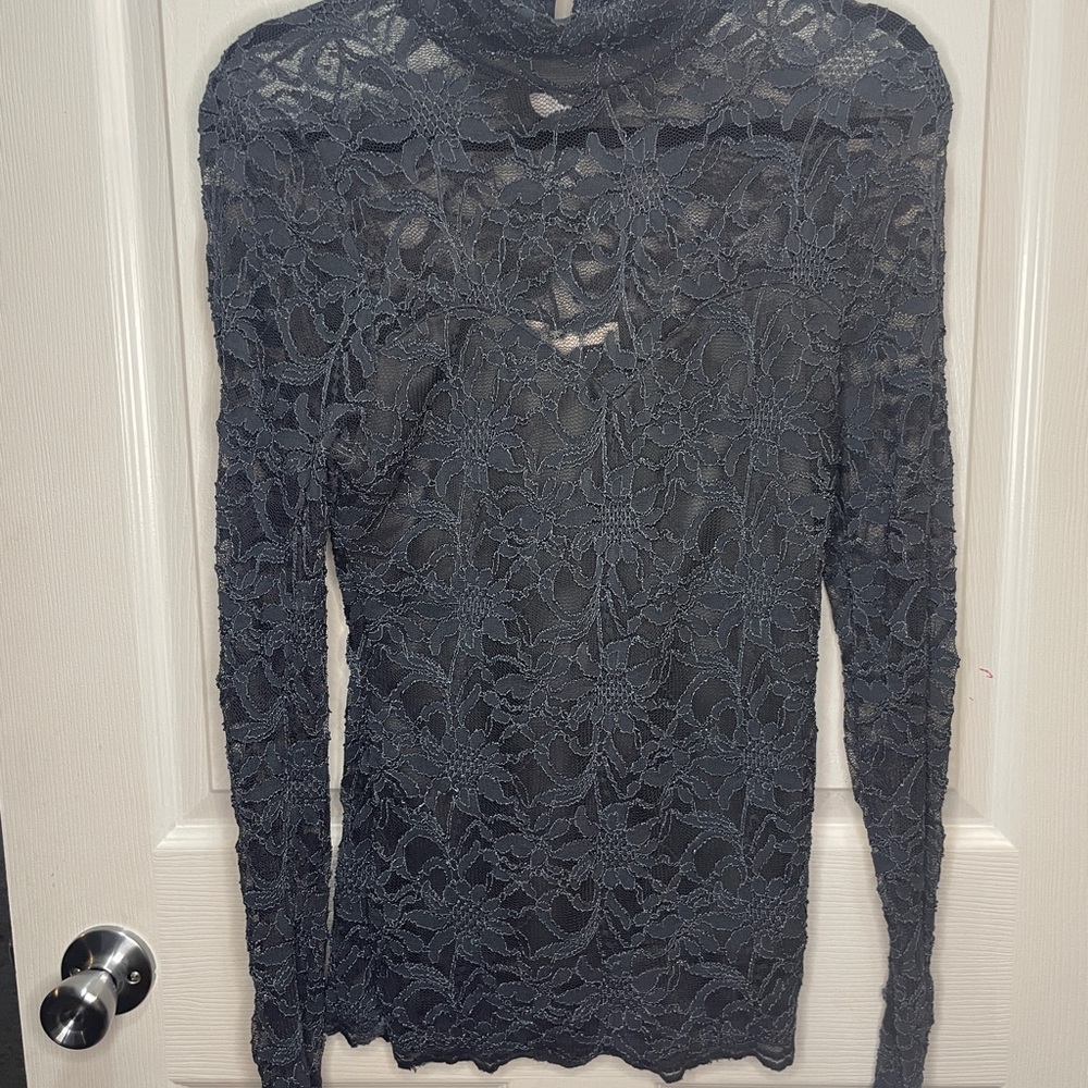 Boston Proper Elegant Lace Long Sleeve Top - Dark Gray